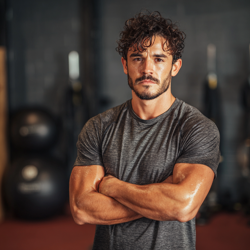 Confident athletic man in gym with determined expression, focused on strength training
