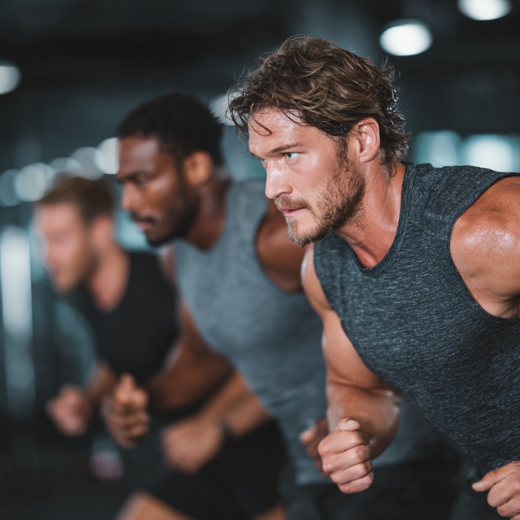 Group of motivated men training together with focus and determination in modern gym setting