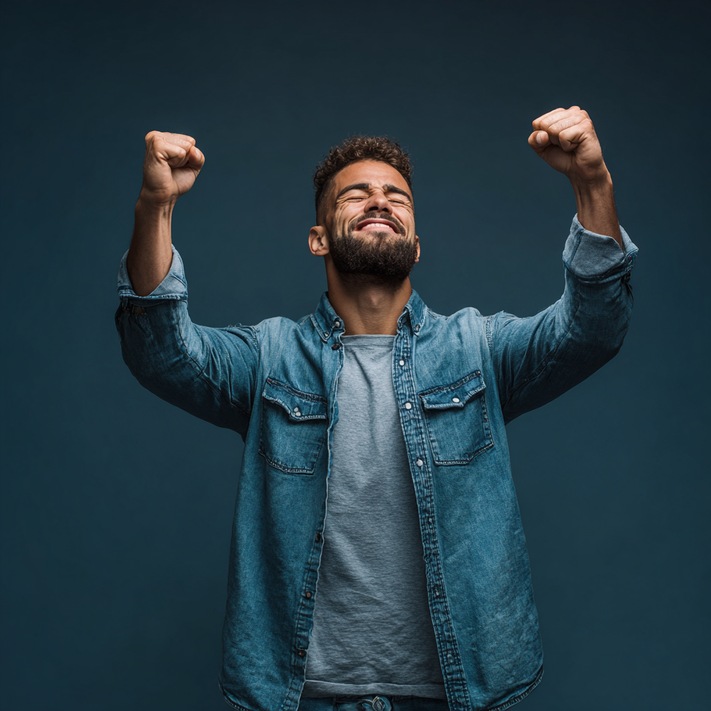 Success oriented man celebrating achievement with raised fists, embodying strength and personal growth